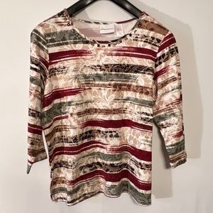 Alfred Dunner Multicolor Striped Floral Crewneck Top - Red, Green, Cream, Brown